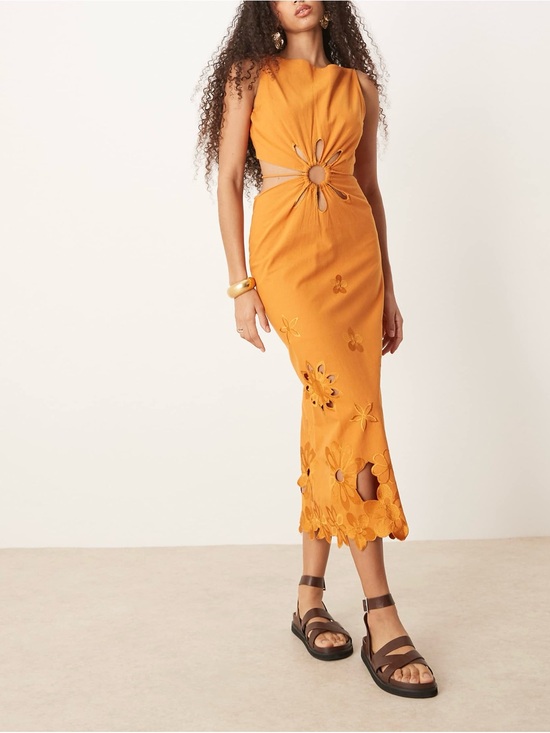 ASOS Dresses & Skirts - ASOS Design Orange Floral Embroidered Cutout Midi Dress Cotton Blend UK 16 US 12